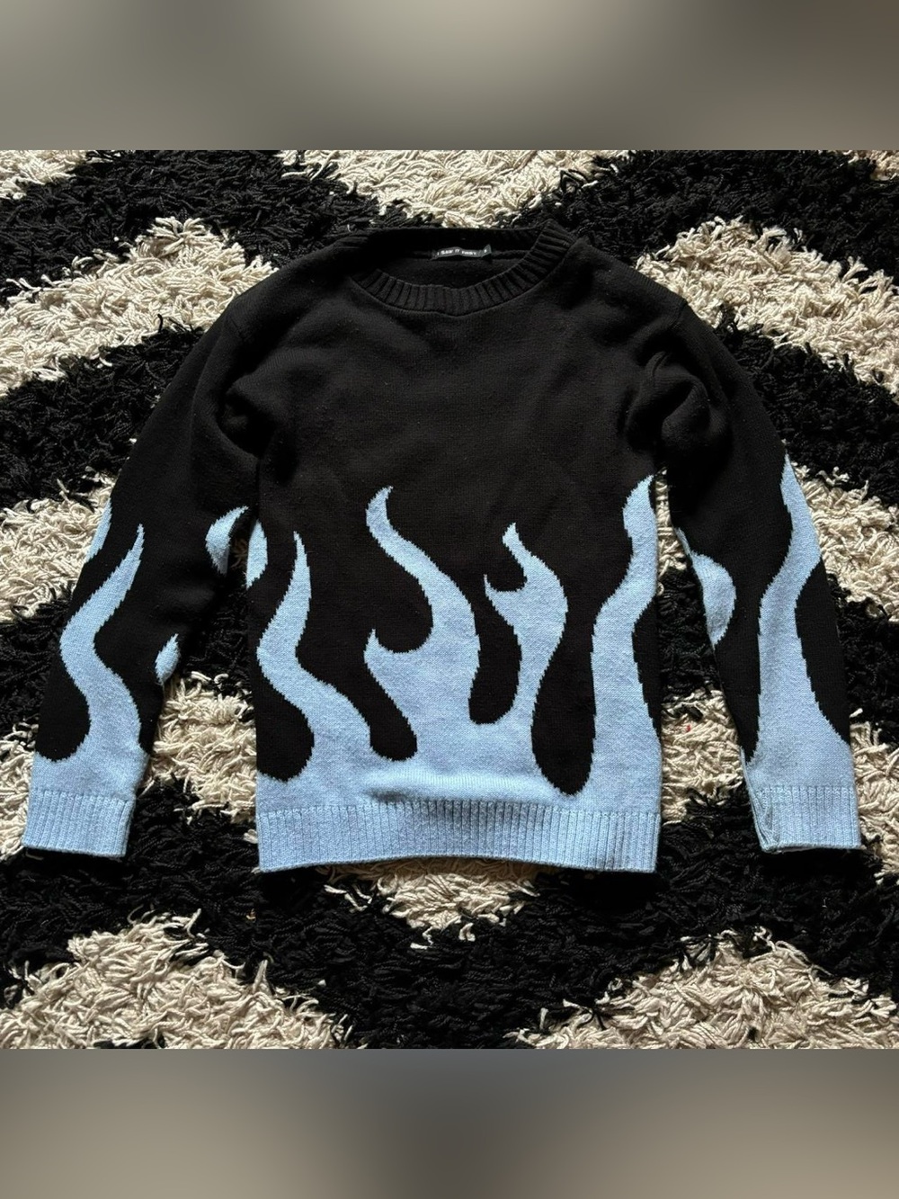 I Saw It First Black with Blue Flames Knit Sweater Women’s Small